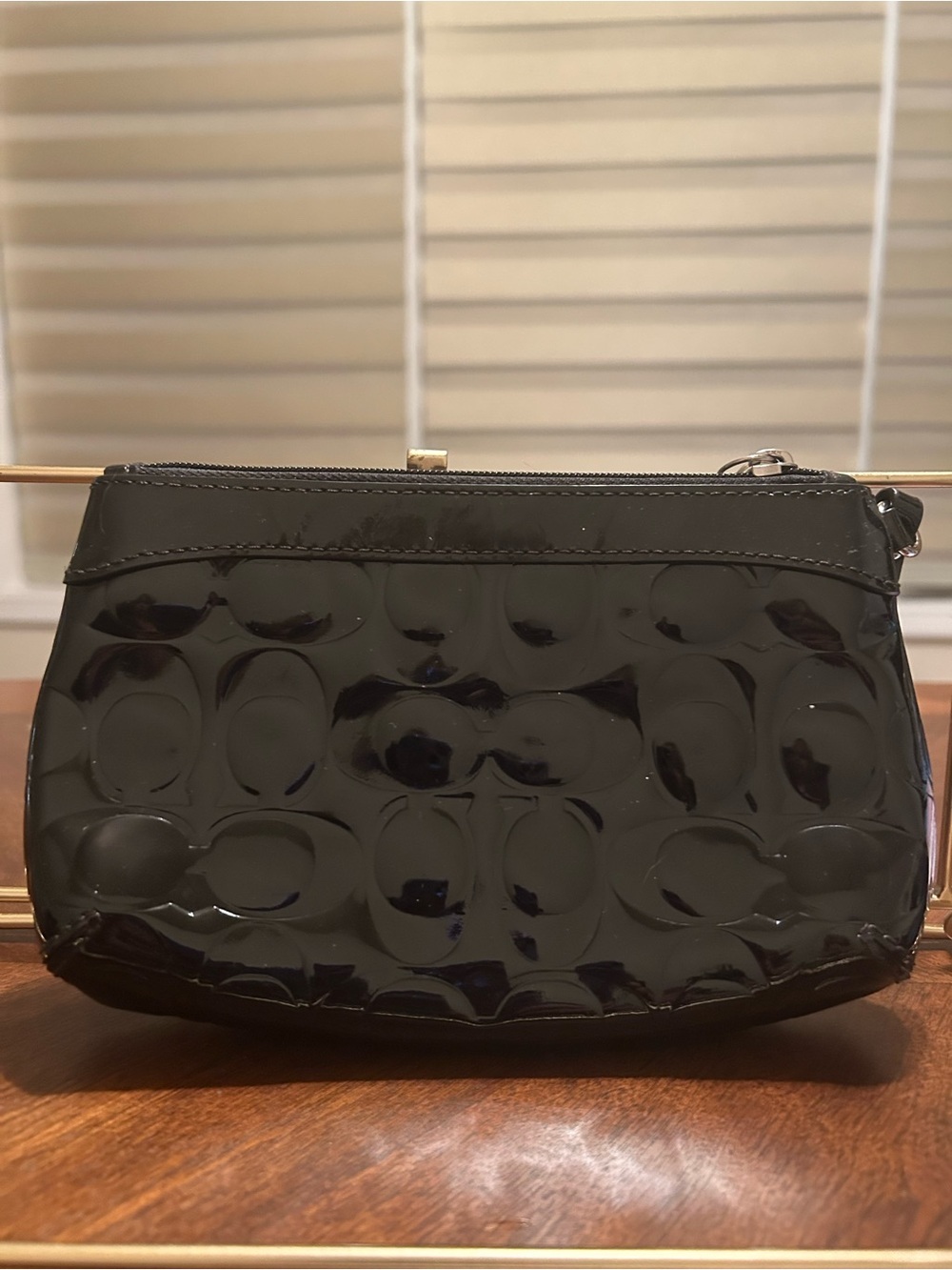 Coach Black Patent Signature Wristlet with Gold-Tone Plaque - Picture 3 of 4
